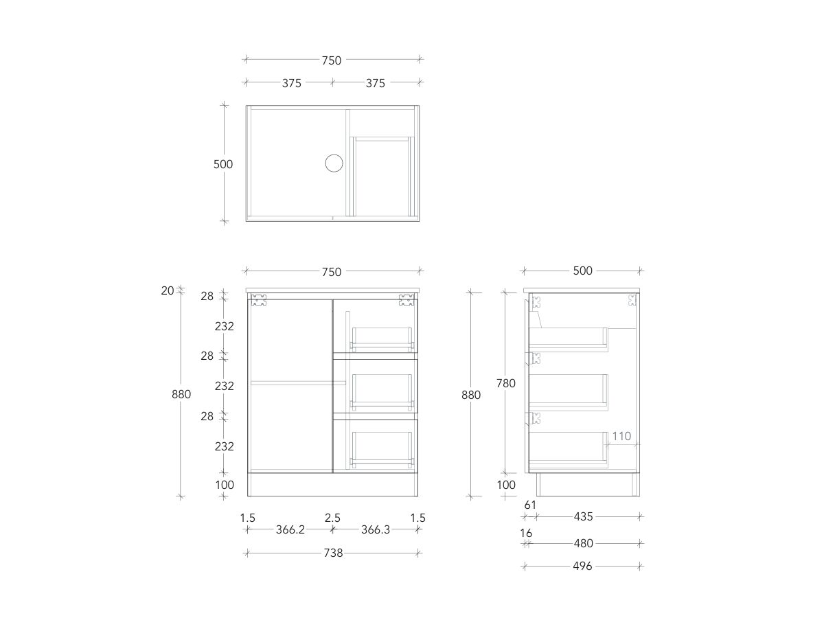 Technical Drawing - Posh Domaine Conventional 750mm Floor Mounted Vanity Centre Basin 20mm Top