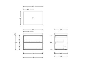 Technical Drawing - Posh Domaine 750mm Wall Hung Twin Vanity Unit All-Drawer 90mm Top
