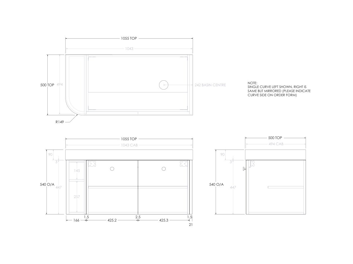 Technical Drawing - Kado Era Single Curve All Door 1050mm Wall Hung Vanity Right Hand Basin 90mm Durasein Top