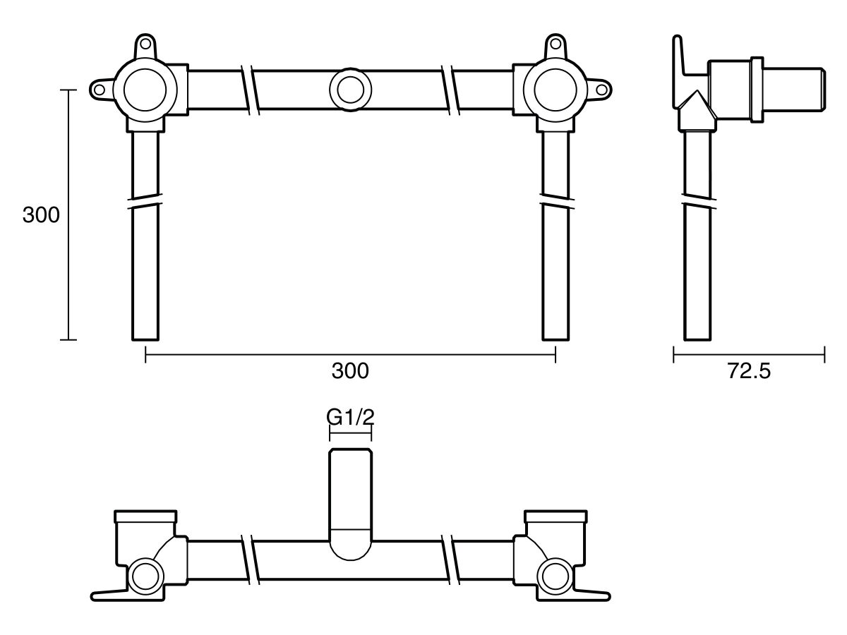 Technical Drawing - Dura Ardent Sink Assembly 300mm Centre with 300mm Tails Bottom Entry Lead Free
