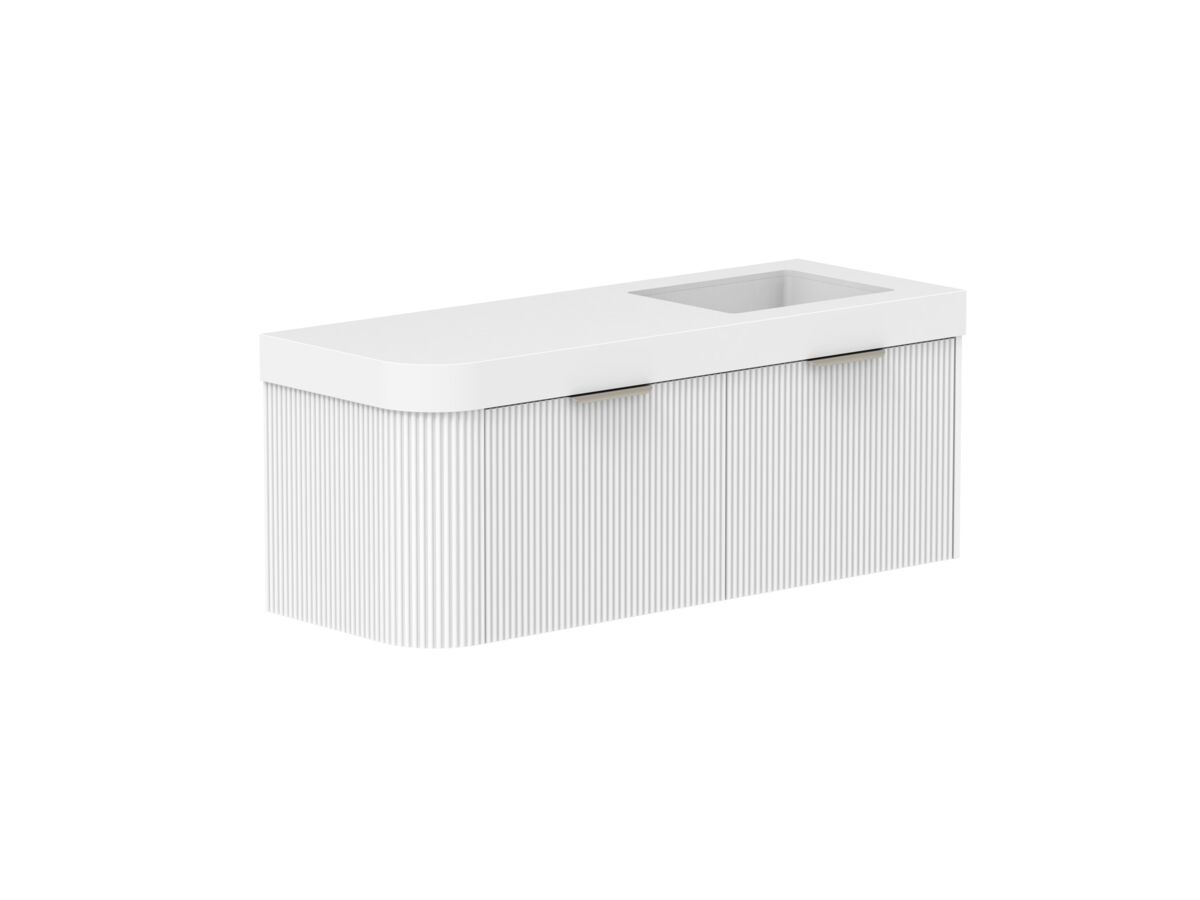 Supporting Image 2- Kado Neue Fluted Single Curve All Drawer 1350mm Wall Hung Vanity with Right Hand Basin Durasein 90mm Top Ultra White