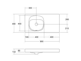 Kado Lussi 900mm Left Hand Bowl Rear Shelf Wall Basin with Overflow No Taphole Matte White Solid Surface
