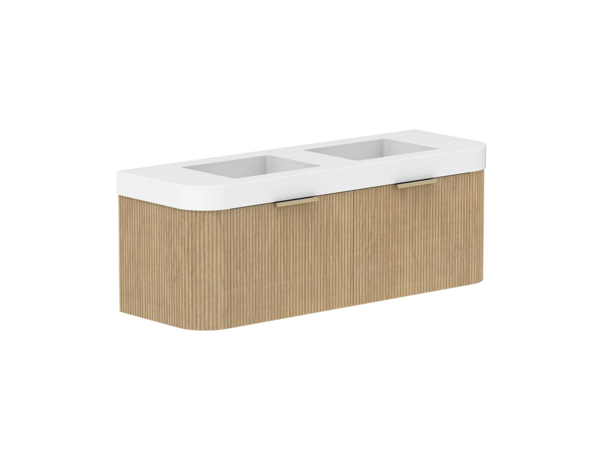 Supporting Image 2- Kado Neue Fluted Double Curve All Drawer 1500mm Wall Hung Vanity with Double Basin Durasein 90mm Top Boston Oak