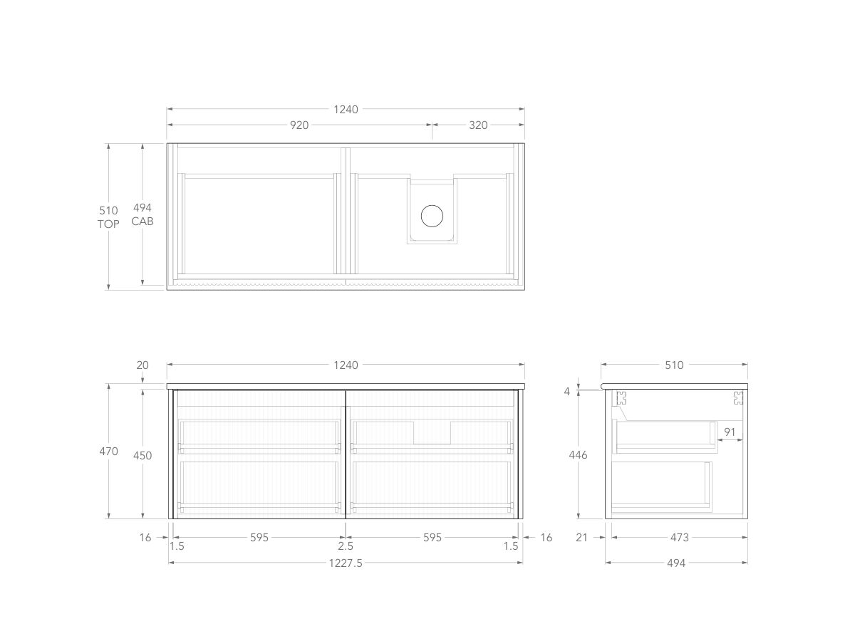 Technical Drawing - Kado Neue Fluted Square All Drawer 1200mm Wall Hung Vanity with Right Hand Basin 20mm Top