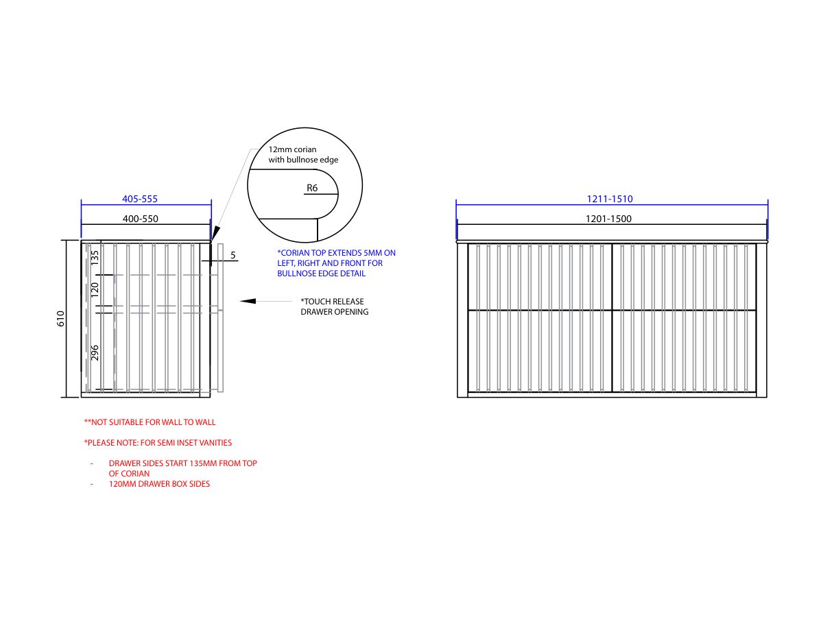 ISSY Custom Cloud II 1201-1500mm x 400-550mm x 610mm Wall Hung Vanity Unit 4 Touch Latch Drawers Semi Inset (No Basin)