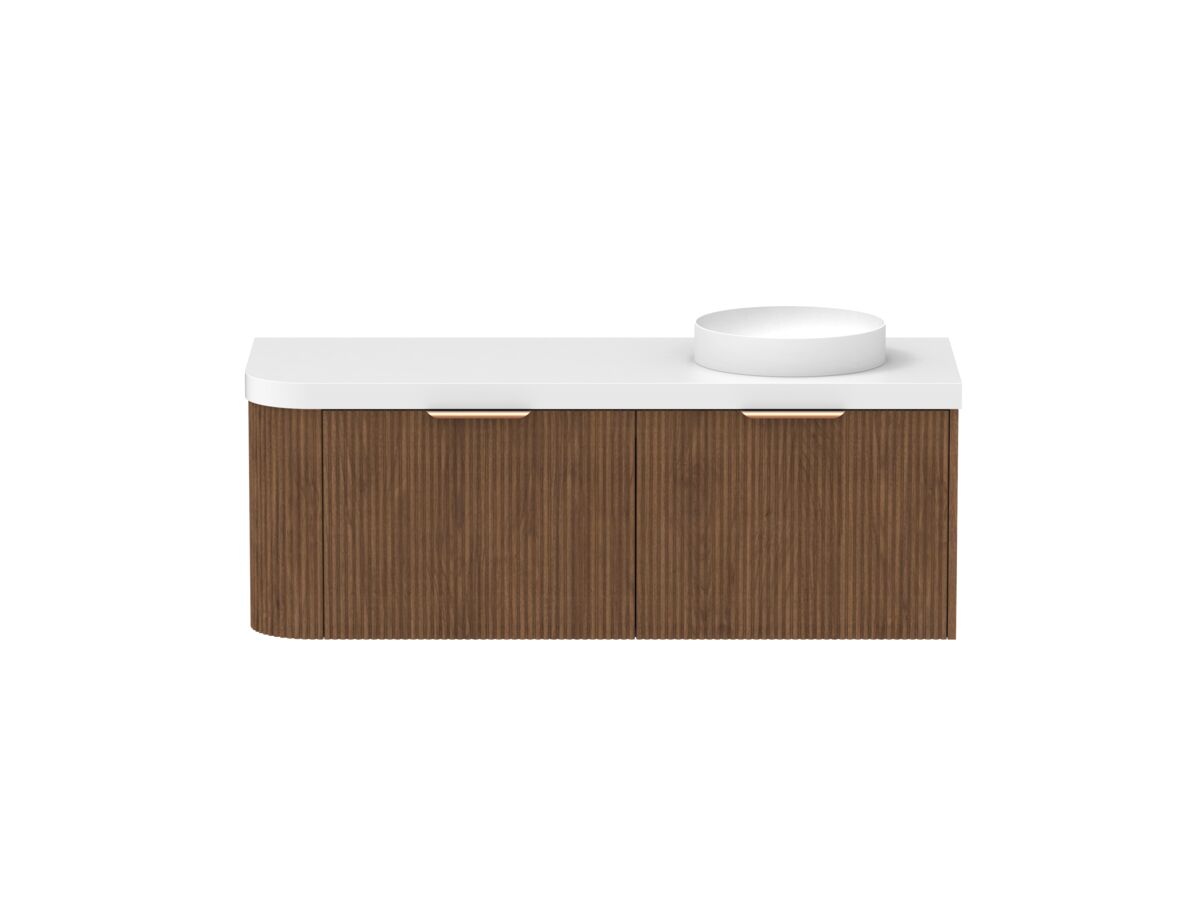 Supporting Image - Kado Neue Fluted Single Curve All Drawer 1350mm Wall Hung Vanity with Right Hand Basin Durasein 50mm Top Florentine Walnut
