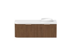 Supporting Image - Kado Neue Fluted Single Curve All Drawer 1350mm Wall Hung Vanity with Right Hand Basin Durasein 50mm Top Florentine Walnut