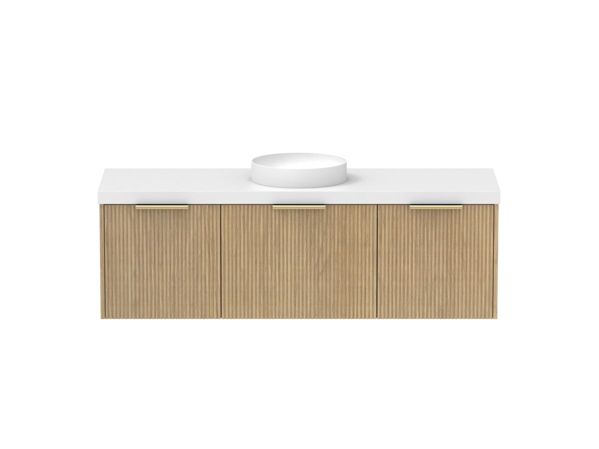 Supporting Image - Kado Neue Fluted Square All Drawer 1500mm Wall Hung Vanity with Centre Basin 50mm Top Boston Oak