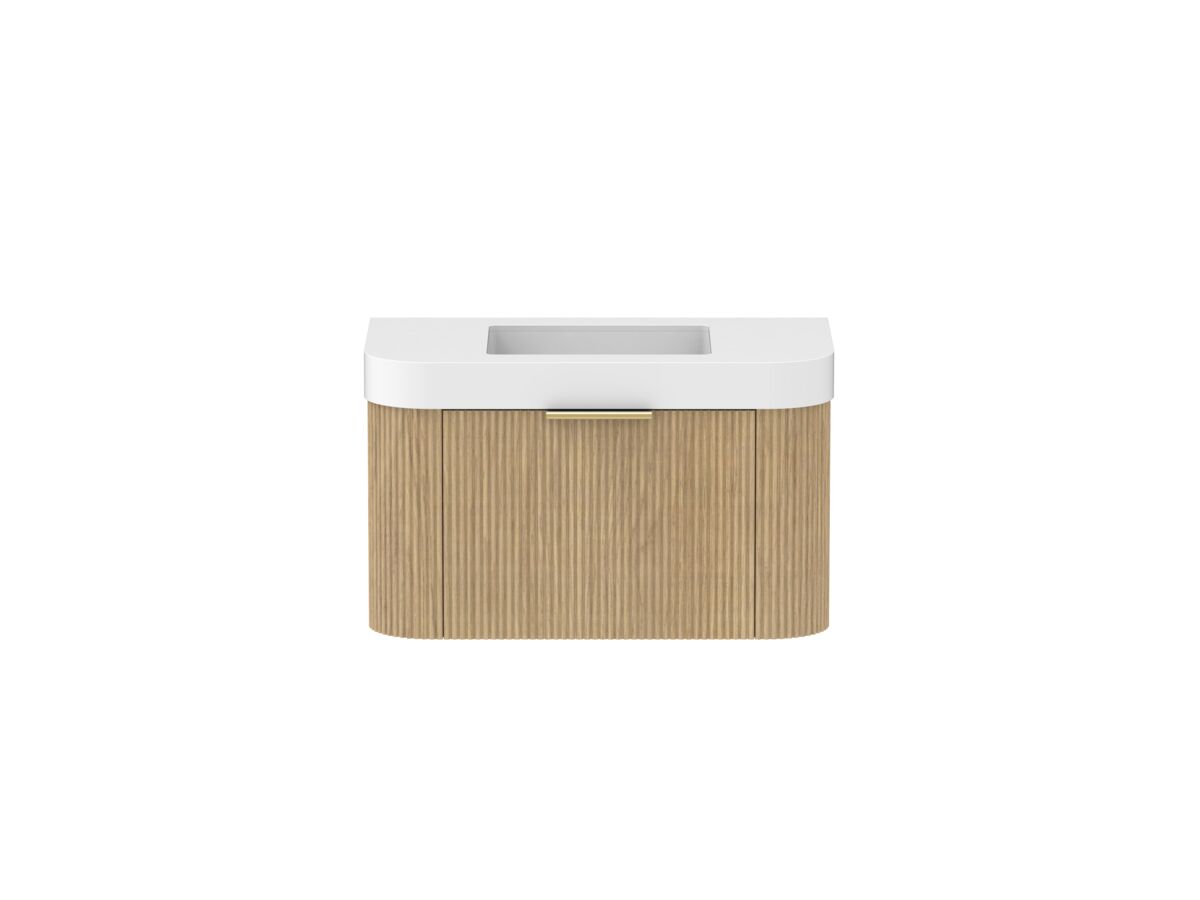 Supporting Image - Kado Neue Fluted Double Curve All Drawer 900mm Wall Hung Vanity with Centre Basin Durasein 90mm Top Boston Oak