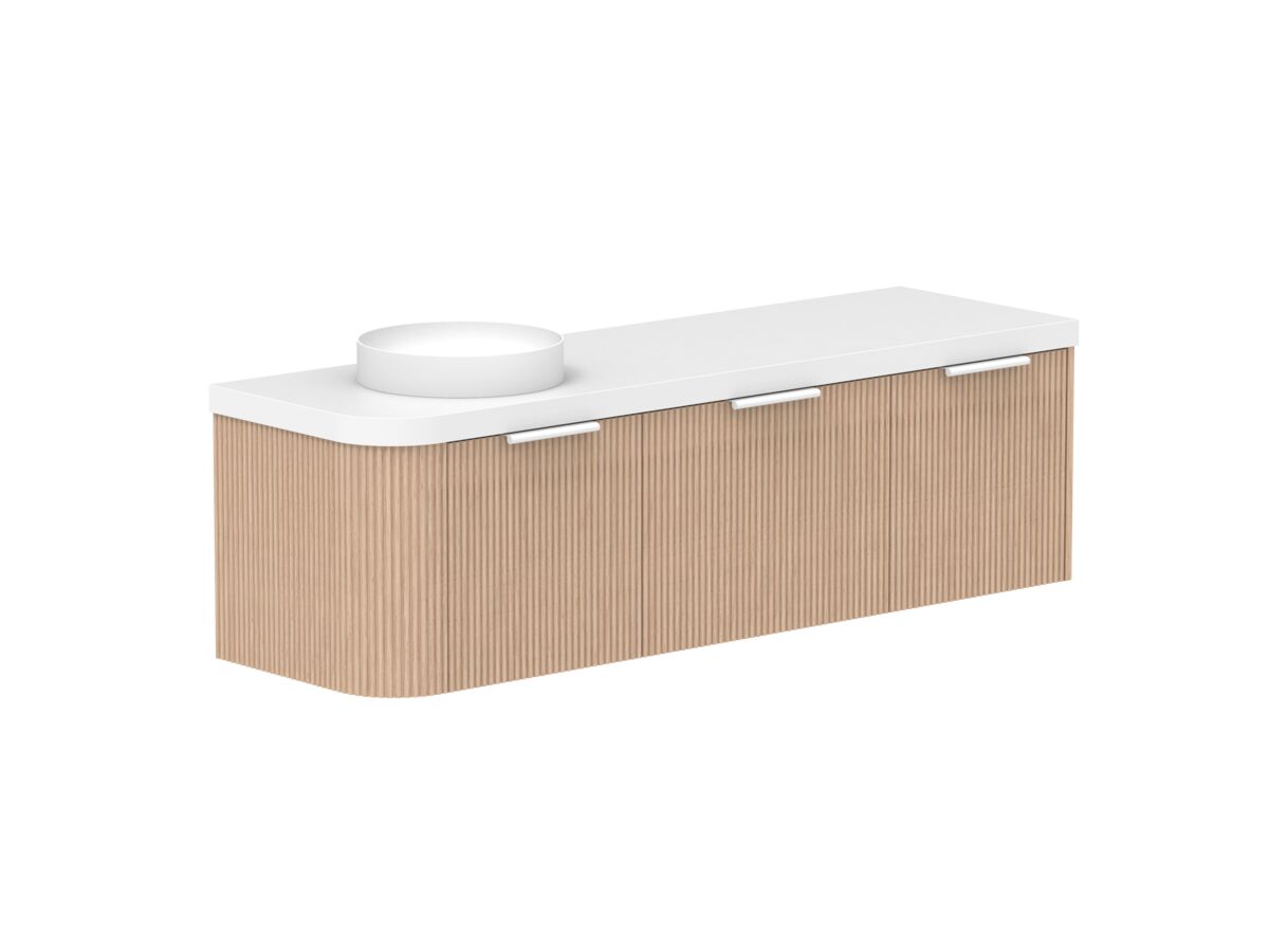 Supporting Image 2- Kado Neue Fluted Single Curve All Drawer 1650mm Wall Hung Vanity with Left Hand Basin Durasein 50mm Top Blonde Oak