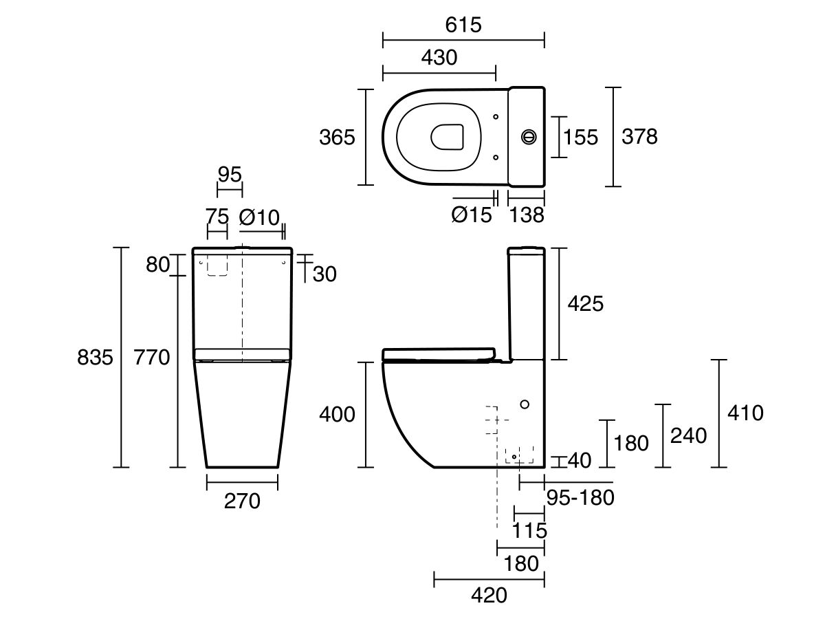 Technical Drawing - Posh Domaine Round Close Coupled Back to Wall Rimless Back Inlet Toilet Suite Thick Seat (4 Star)