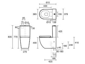 Technical Drawing - Posh Domaine Round Close Coupled Back to Wall Rimless Back Inlet Toilet Suite Thick Seat (4 Star)
