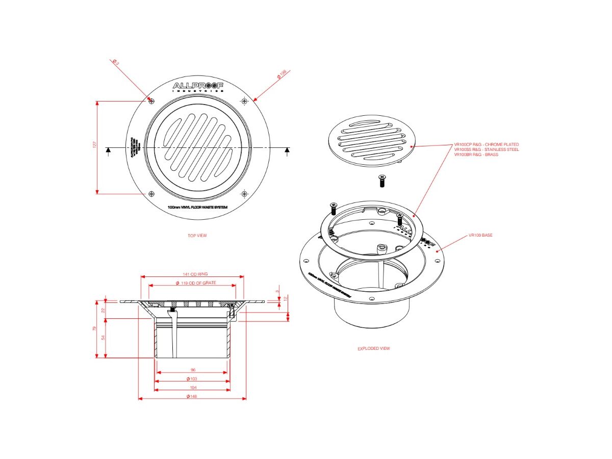 Vinyl Floor Waste Stainless Steel 304 Push In 100mm
