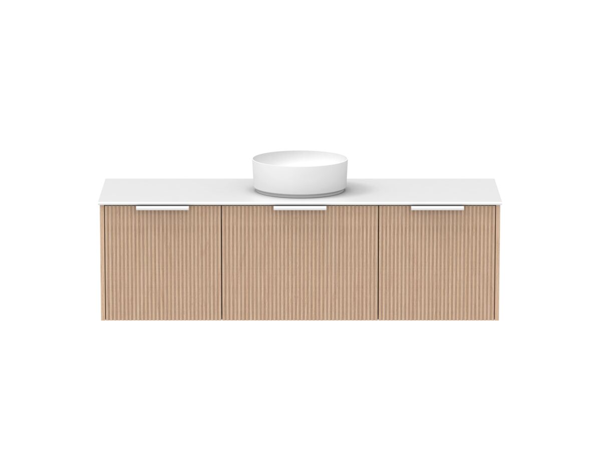 Supporting Image - Kado Neue Fluted Square All Drawer 1500mm Wall Hung Vanity with Centre Basin Durasein 12mm Top Blonde Oak