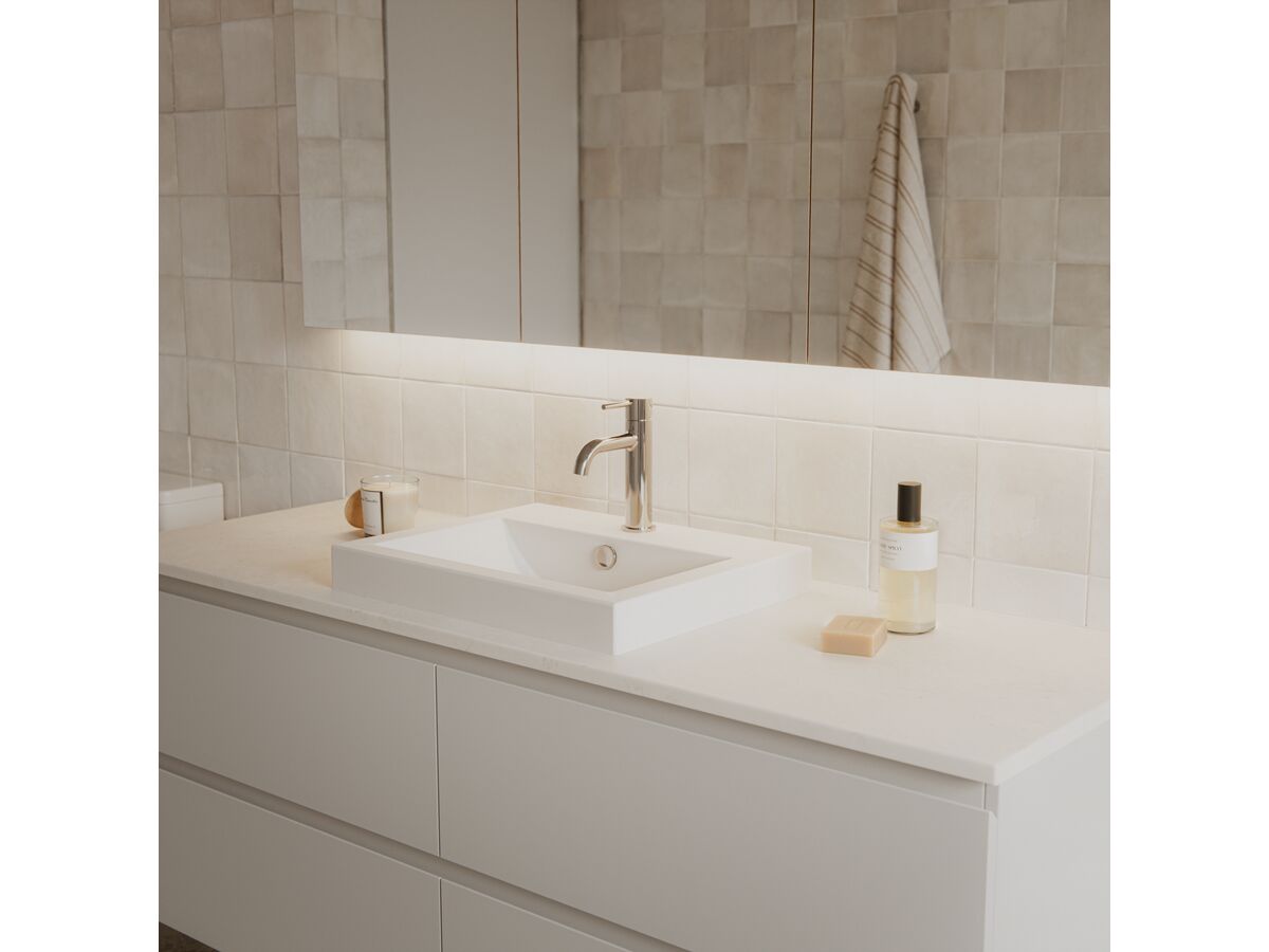 In Situ - Mizu Drift Basin Mixer Curved Spout Chrome (6 Star) Lead Free and Posh Solus Semi Inset Basin 1 Taphole 540 x 450mm White