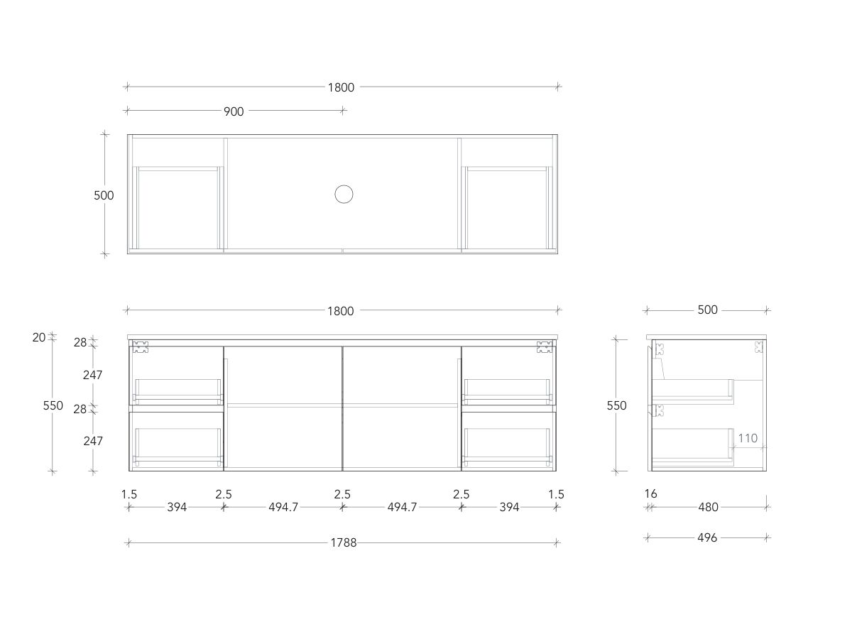 Technical Drawing - Posh Domaine Conventional 1800mm Wall Hung Vanity Centre Basin 20mm Top