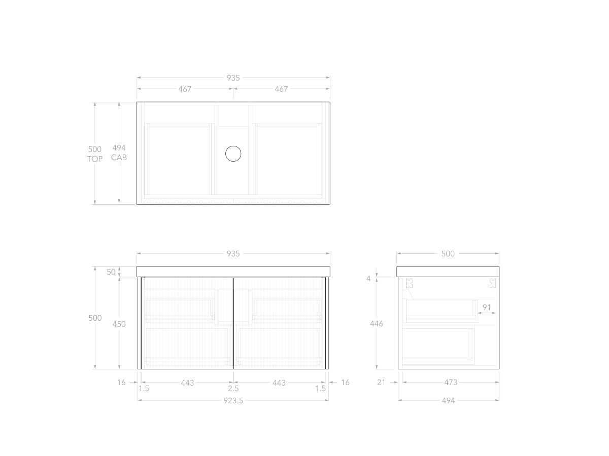 Technical Drawing - Kado Neue Fluted Square All Drawer 900mm Wall Hung Vanity with Centre Basin 50mm Top