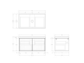 Technical Drawing - Kado Neue Fluted Square All Drawer 900mm Wall Hung Vanity with Centre Basin 50mm Top