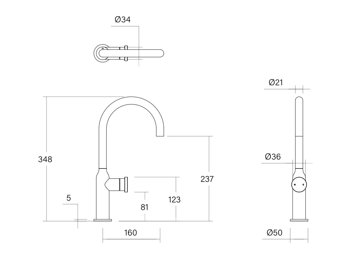 Technical Drawing - Faucet Strommen Vara Disc Gooseneck Basin Mixer Tap (6 Star) Lead Free