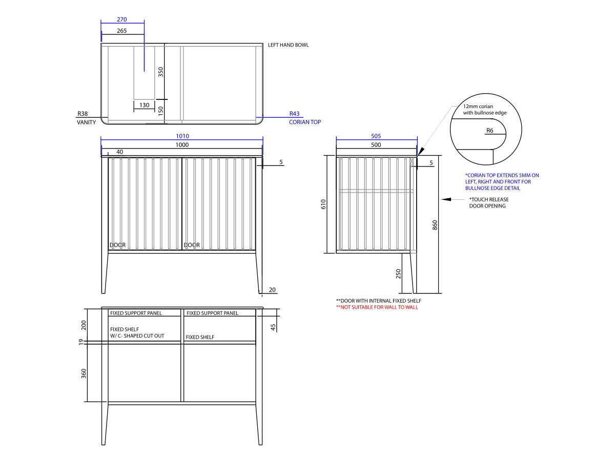 ISSY Cloud I 1000mm x 500mm x 860mm Vanity Unit with Legs 2 Touch Latch Doors Semi Inset (No Basin)