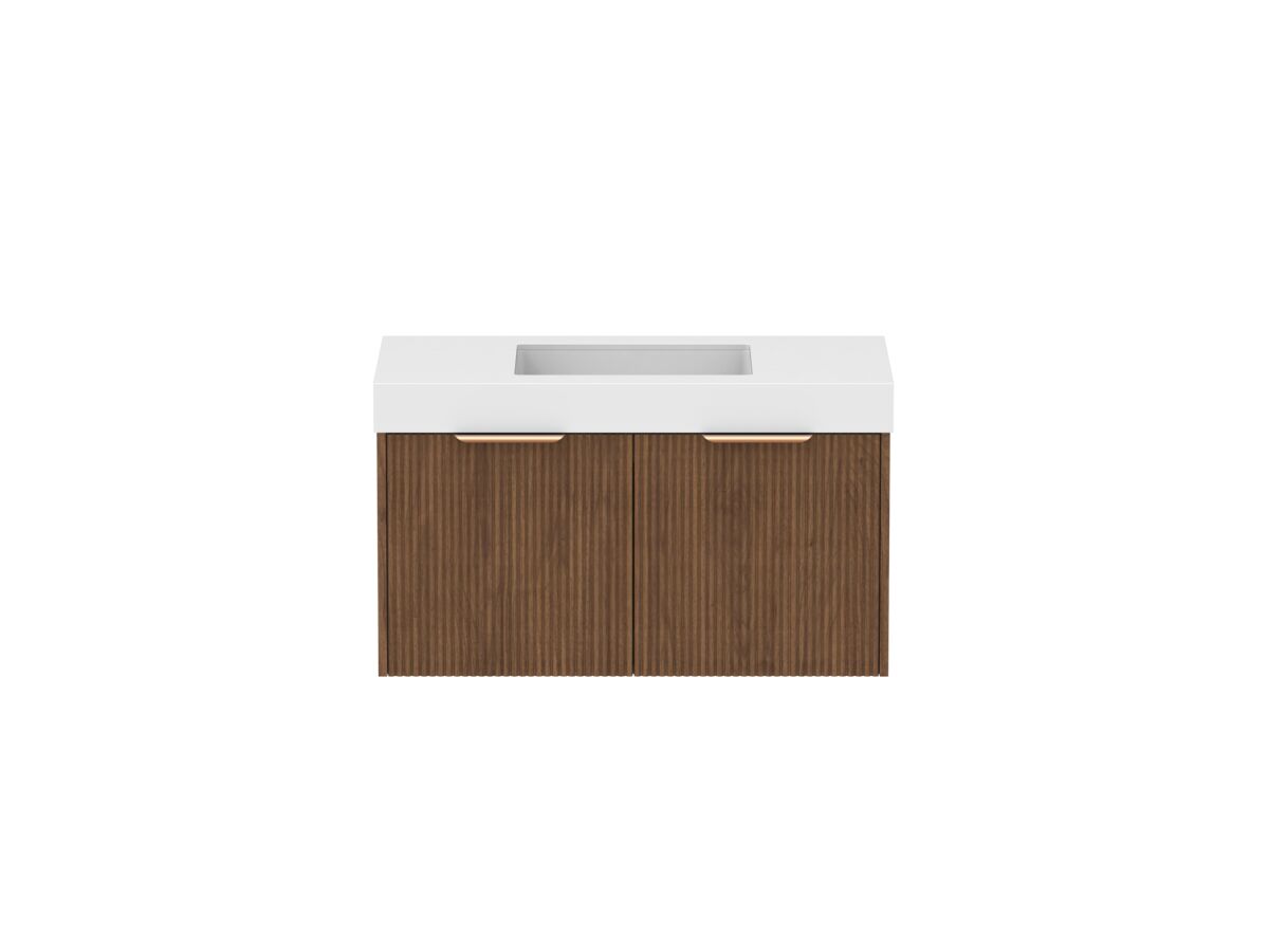 Supporting Image - Kado Neue Fluted Square All Drawer 900mm Wall Hung Vanity with Centre Basin 90mm Top Florentine Walnut