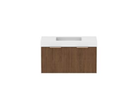 Supporting Image - Kado Neue Fluted Square All Drawer 900mm Wall Hung Vanity with Centre Basin 90mm Top Florentine Walnut