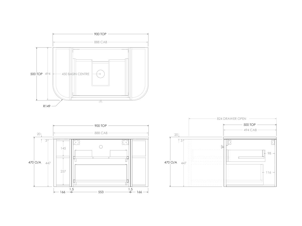 Technical Drawing - Kado Era Double Curve All Drawer 900mm Wall Hung Vanity with Centre Basin 20mm Top
