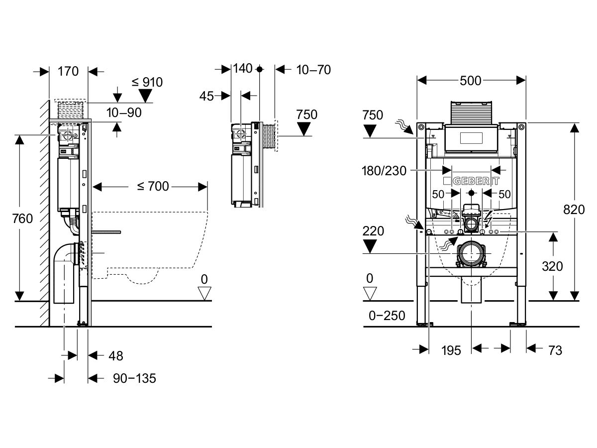 Technical Drawing - Geberit Omega Under Counter Cistern Duofix 4 Wall Hung