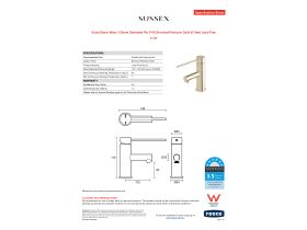Specification Sheet - Scala Basin Mixer 150mm Extended Pin PVD Brushed Platinum Gold (6 Star) Lead Free