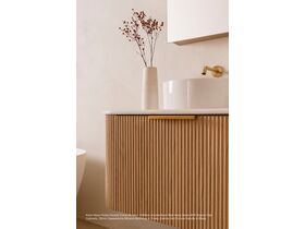 Kado Neue Fluted Double Curve All Door 1500mm Double Bowl Wall Hung vanity with Boston Oak cabinets, 20mm Caesarstone Mineral benchtop in Frosty Carrina and Francis handle in Brass