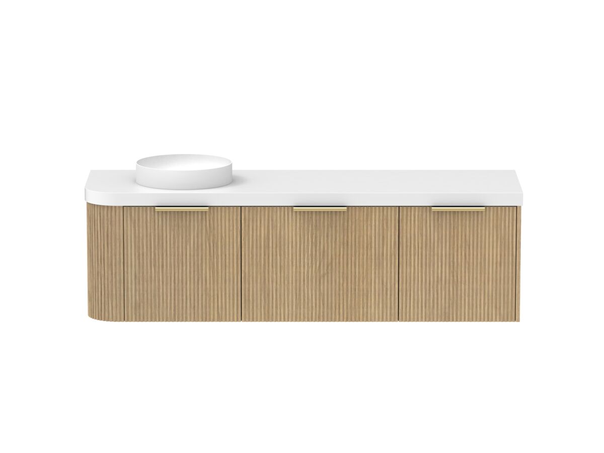 Supporting Image - Kado Neue Fluted Single Curve All Drawer 1650mm Wall Hung Vanity with Left Hand Basin Durasein 50mm Top Boston Oak