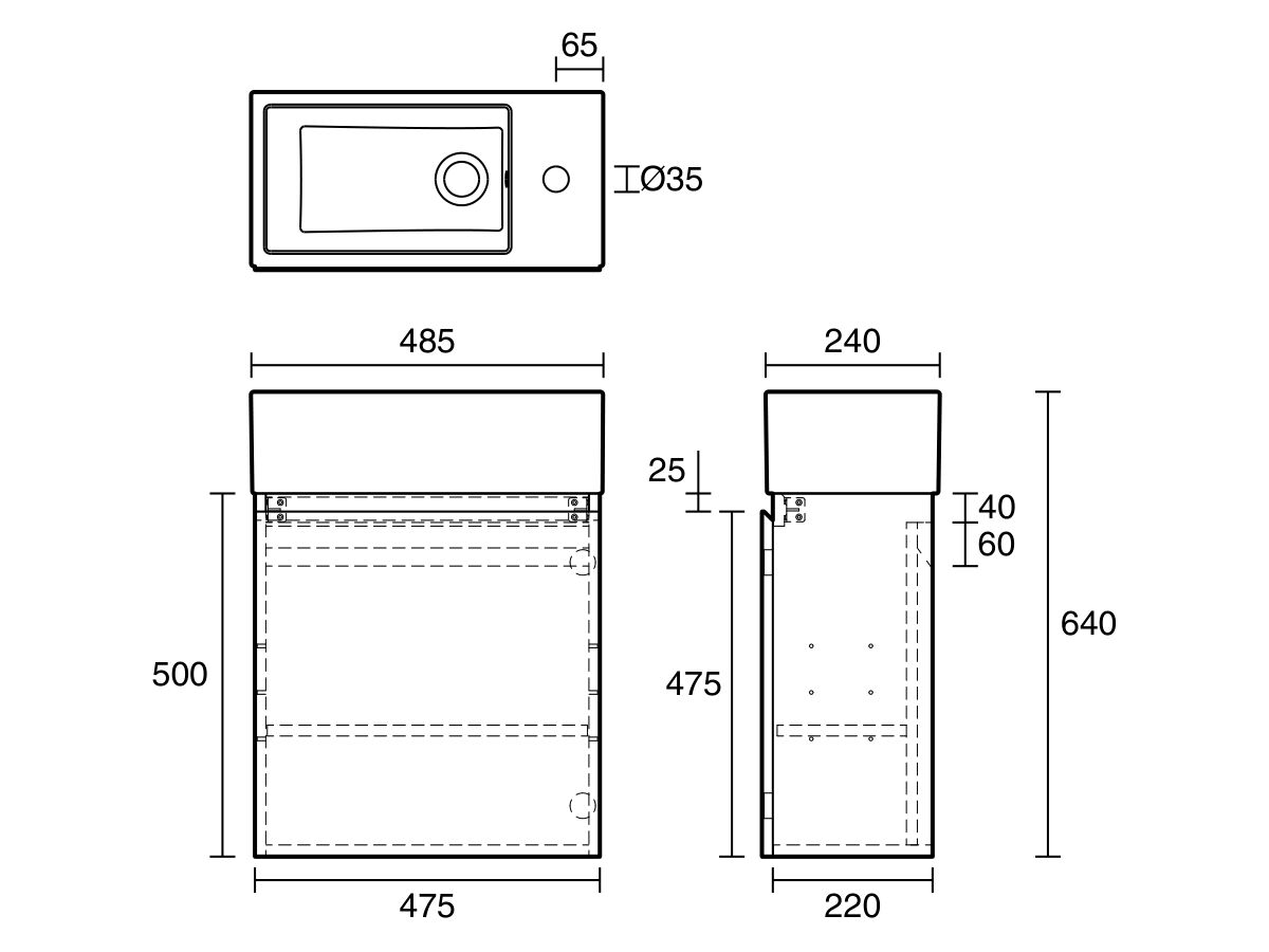 Technical Drawing - Posh Solus Powder Room Vanity Unit Wall Mounted Left Hand Bowl 1 Taphole Oak Finish