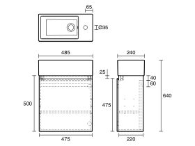 Technical Drawing - Posh Solus Powder Room Vanity Unit Wall Mounted Left Hand Bowl 1 Taphole Oak Finish