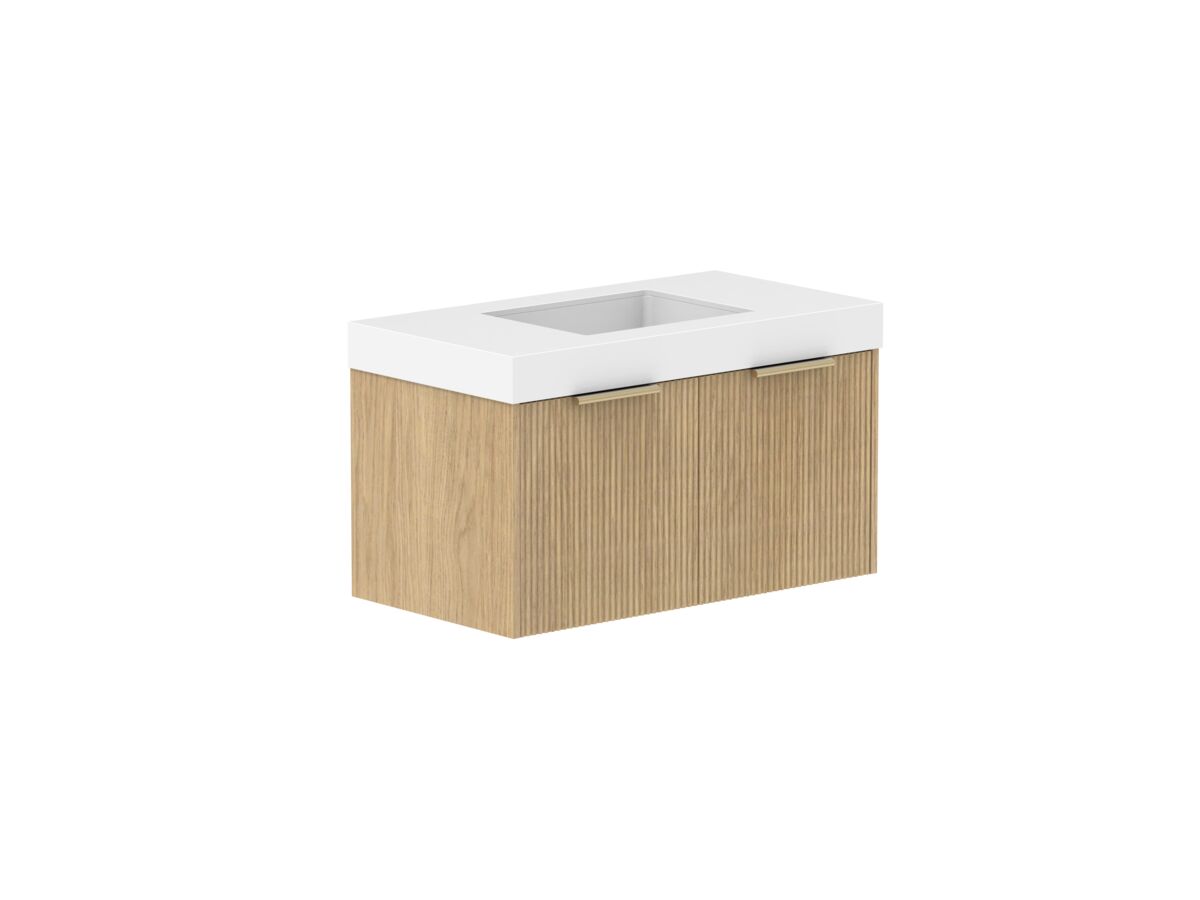 Supporting Image 2- Kado Neue Fluted Square All Drawer 900mm Wall Hung Vanity with Centre Basin 90mm Top Boston Oak