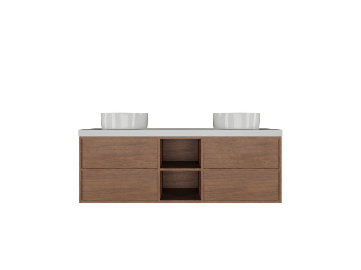 Supporting Image - Kado Aspect Shelf Vanity Unit 1500mm Double Bowl 4 Drawer Caesarstone Mineral 50mm Top - Florence Walnut