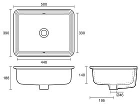 Technical Drawing - Roca Sofia Under Counter Basin 500mm X 390mm No Taphole with Overflow White
