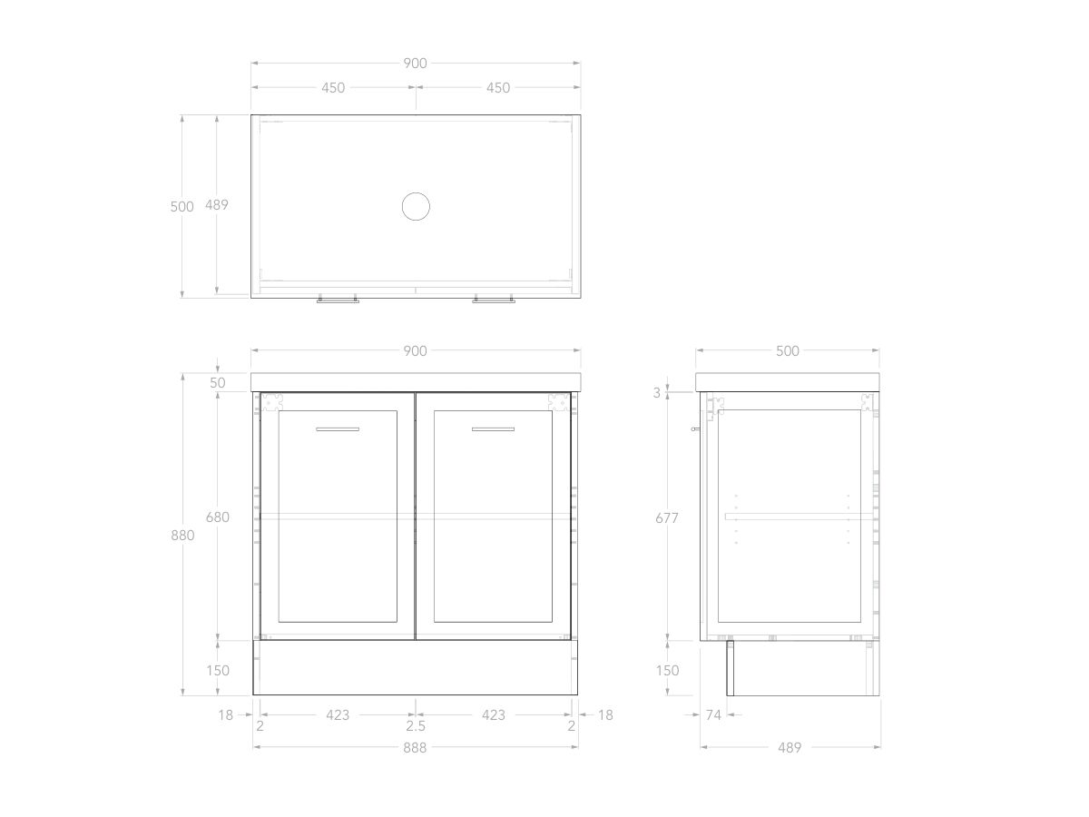 Technical Drawing - Kado Lux All Door 900mm Centre Bowl Floor Mount 50mm Top