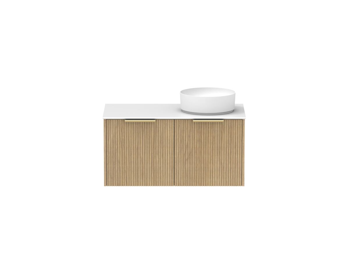 Supporting Image - Kado Neue Fluted Square 900mm Wall Hung Vanity with Right Basin Durasein 12mm Top Boston Oak