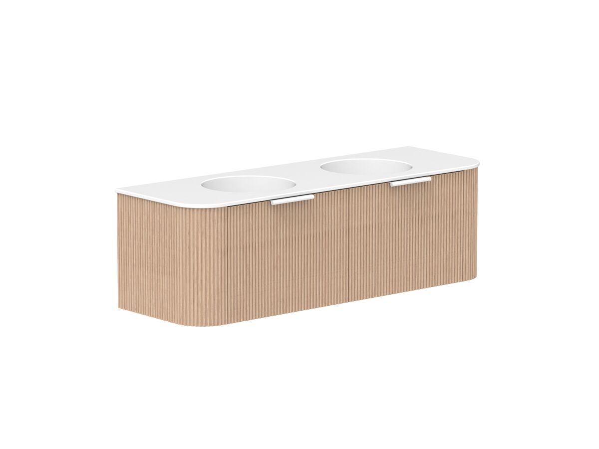 Supporting Image 2 - Kado Neue Fluted Double Curve 1500mm Wall Hung Vanity Double Basin Matte White Ceramic Top Blonde Oak