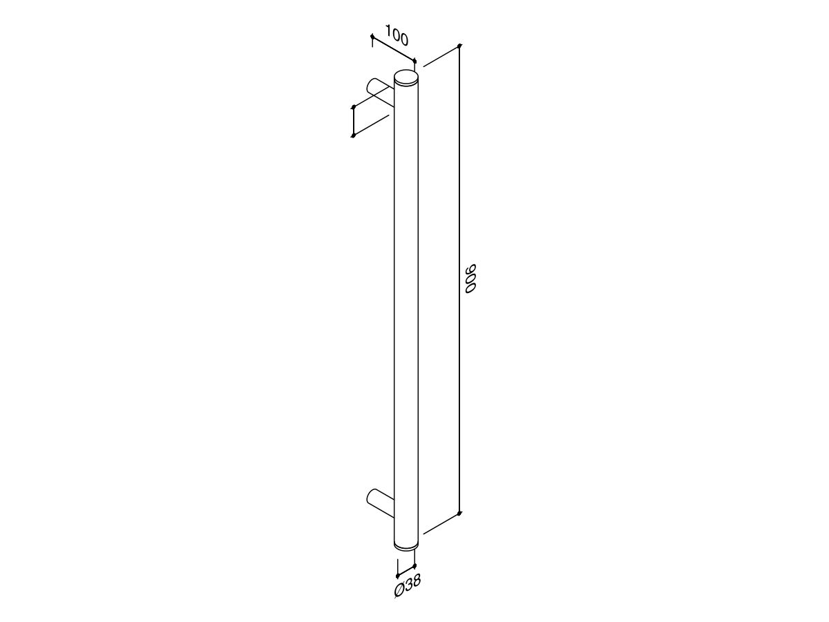 Technical Drawing - Hydrotherm Pure Vertical Single Heated Towel Rail 900 x 38mm