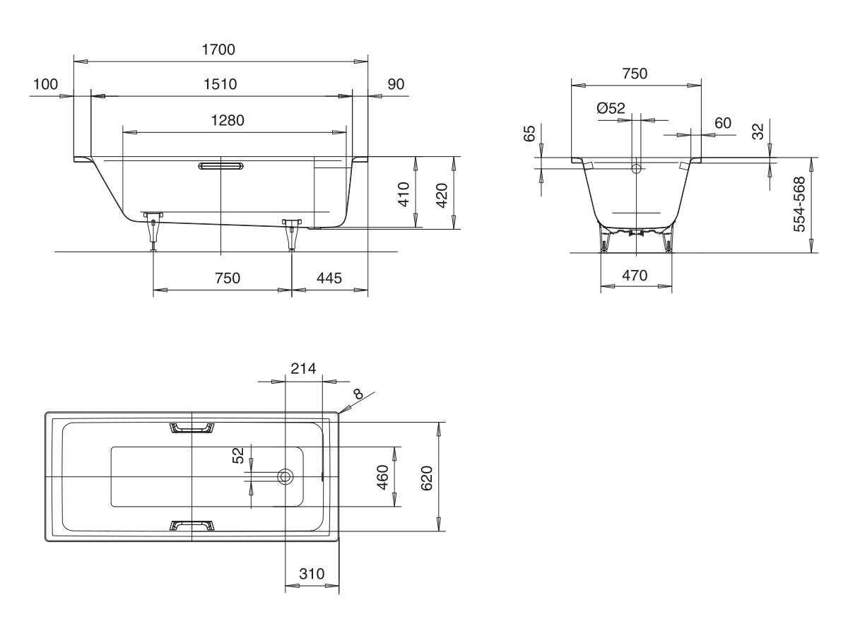 Kaldewei Puro Inset Bath 1700mm x 750mm White