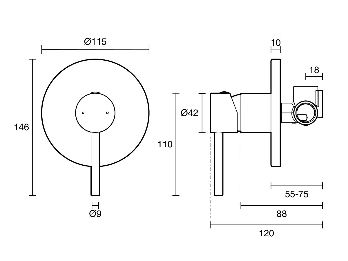 Technical Drawing - Posh Bristol Pin Shower Mixer Lead Free