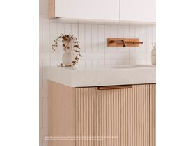 Kado Neue Fluted Square All Drawer 900mm Wall Hung vanity with Blonde Oak cabinets, 90mm Cherry Pie benchtop in Alabaster and Francis handle in Copper