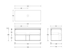 Technical Drawing - Posh Domaine 1200mm Wall Hung Vanity Unit All-Drawer Open Shelf Single Bowl 50mm Top