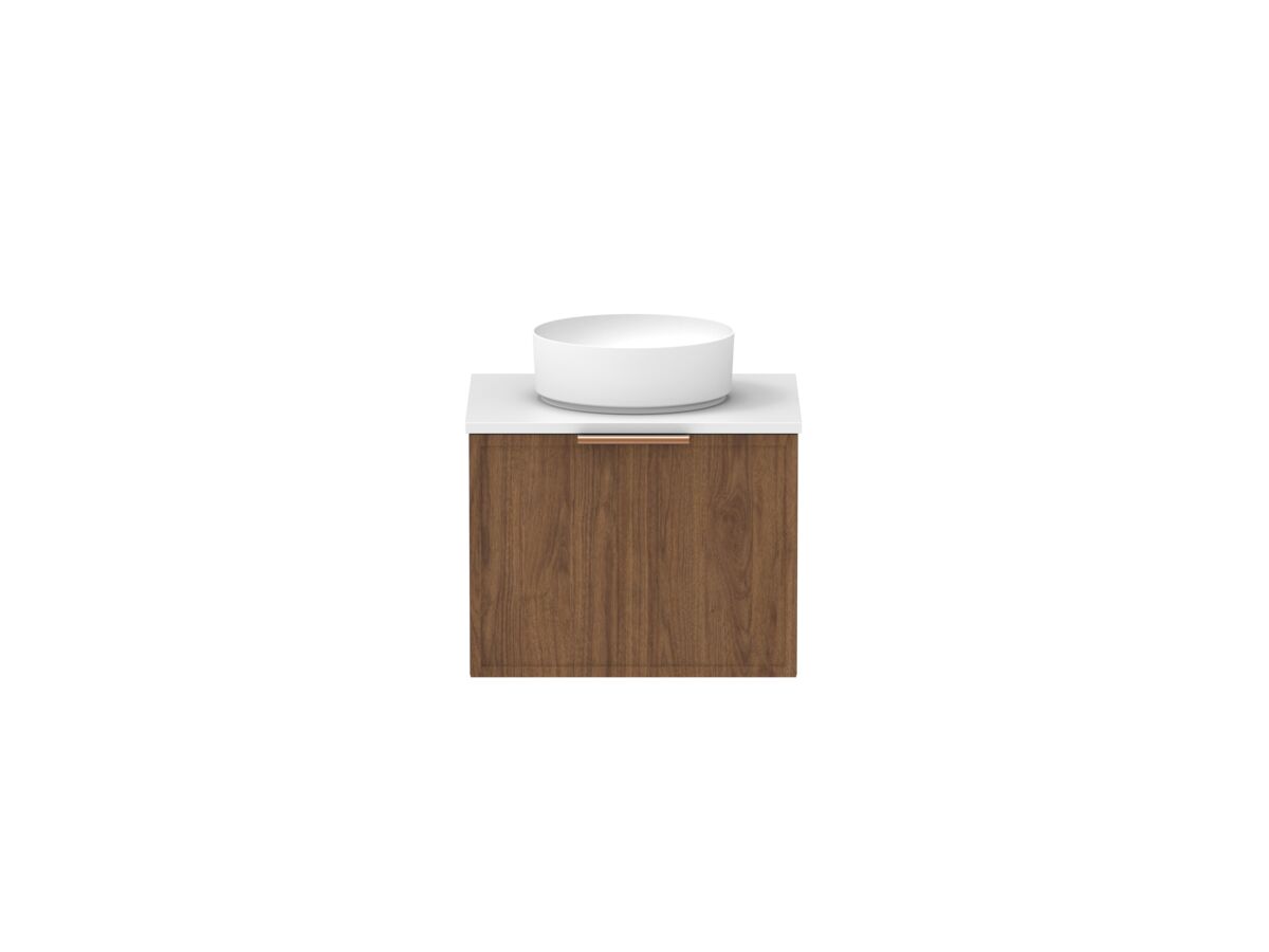 Supporting Image - Kado Lux Slim All Drawer 600mm Wall Hung Vanity with Centre Basin 20mm Top Florentine Walnut