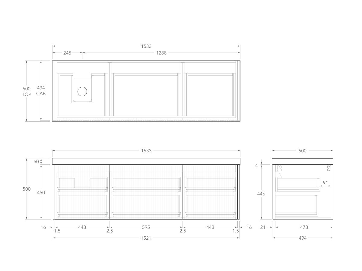 Technical Drawing - Kado Neue Fluted Square All Drawer 1500mm Wall Hung Vanity with Left Hand Basin 50mm Top