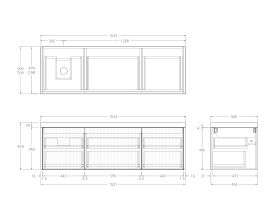 Technical Drawing - Kado Neue Fluted Square All Drawer 1500mm Wall Hung Vanity with Left Hand Basin 50mm Top