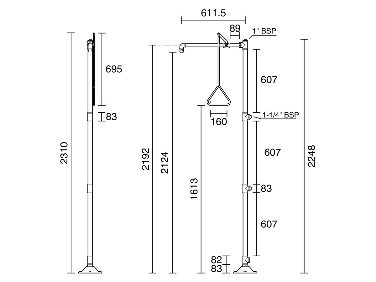 Technical Drawing - Wolfen Freestanding Safety Shower Hand Operated Polished Stainless Steel