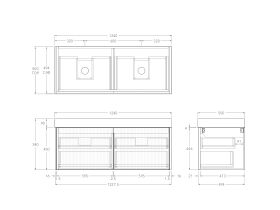 Technical Drawing - Kado Neue Fluted Square All Drawer 1200mm Wall Hung Vanity with Double Basin 90mm Top