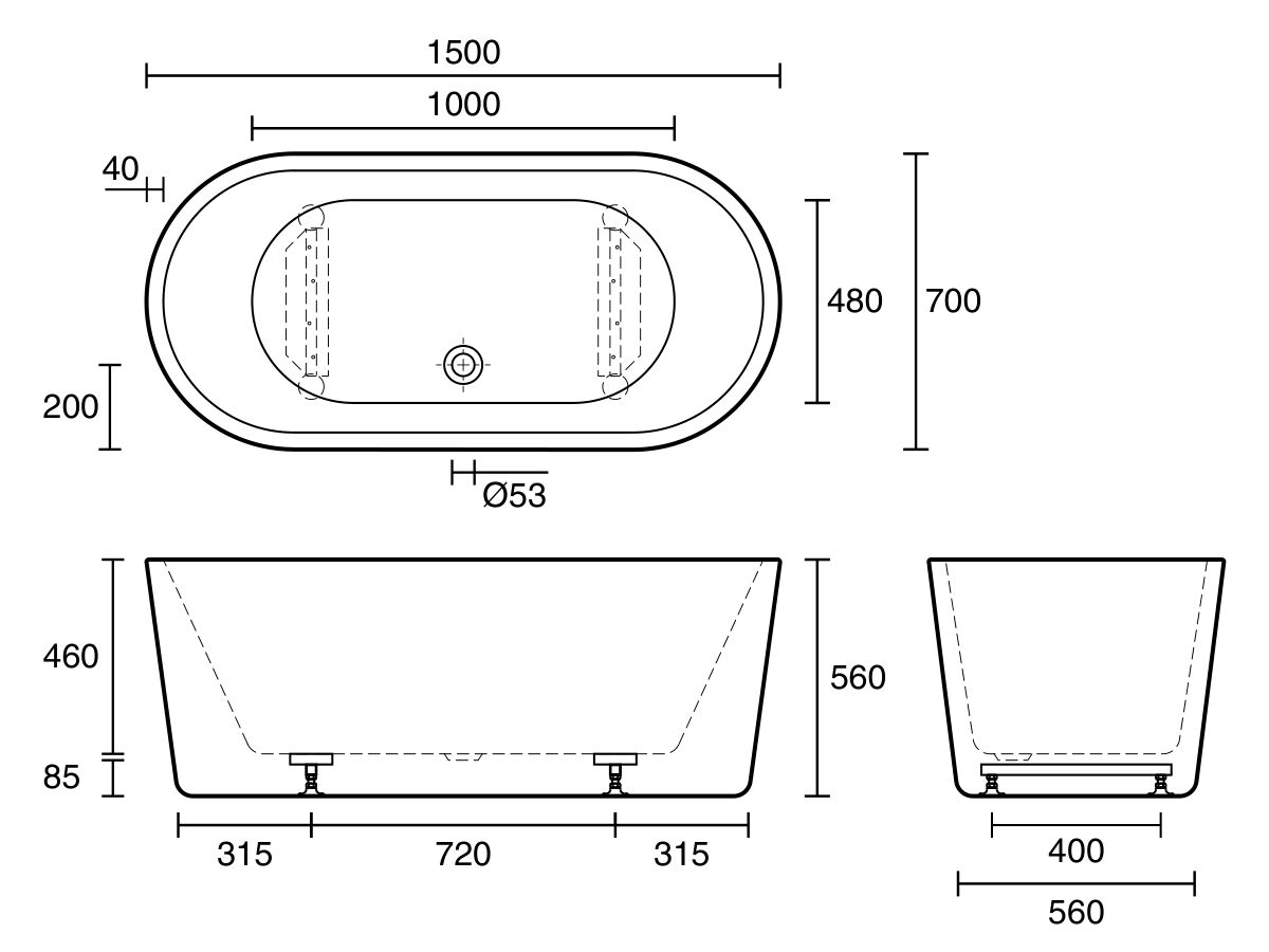 Posh Solus Freestanding Bath 1500 x 700 x 560mm White